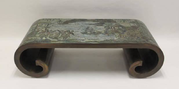 Philip & Kelvin Laverne Wedding Dance Scroll Table: Philip (1908-1988) and Kelvin (b. 1936) Laverne scroll form coffee table in patinated brass and pewter over wood with an acid-etched and enameled "Wedding Dance" scene. Table was custom made for the