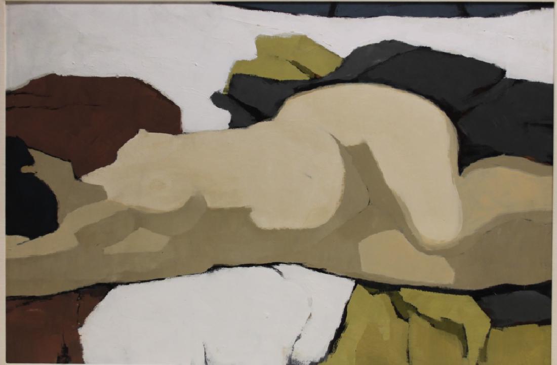 Mimi Korach Lesser Modernist Abstract Nude Female: Mimi Korach Lesser (American, 1922-2018) Modernist Abstract painting of a reclining nude female. Acrylic on masonite, signed en verso "Mimi Lesser". Excellent condition. Art measures 42" x 28". Frame 