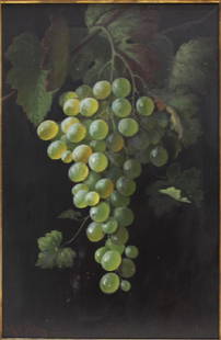 Andrew Way 1826-1888 American Still Life w Grapes: Andrew John Henry Way (American, 1826 - 1888) Washington DC / Maryland painter. Still life painting on wood panel depicting grape bunches and leaves. Signed, "A.J.H. Way", dated 1877. Excellent condit