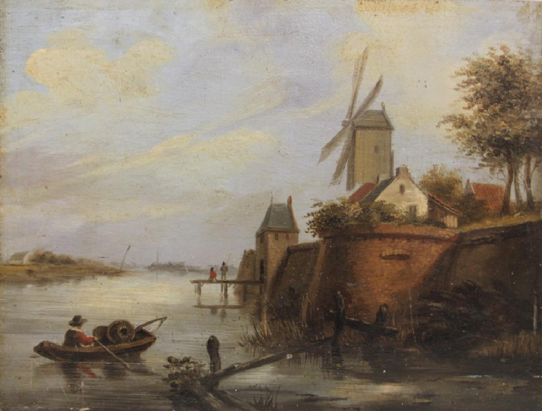 19c Dutch Seascape Painting Boat Castle w Windmill (1 of 5)