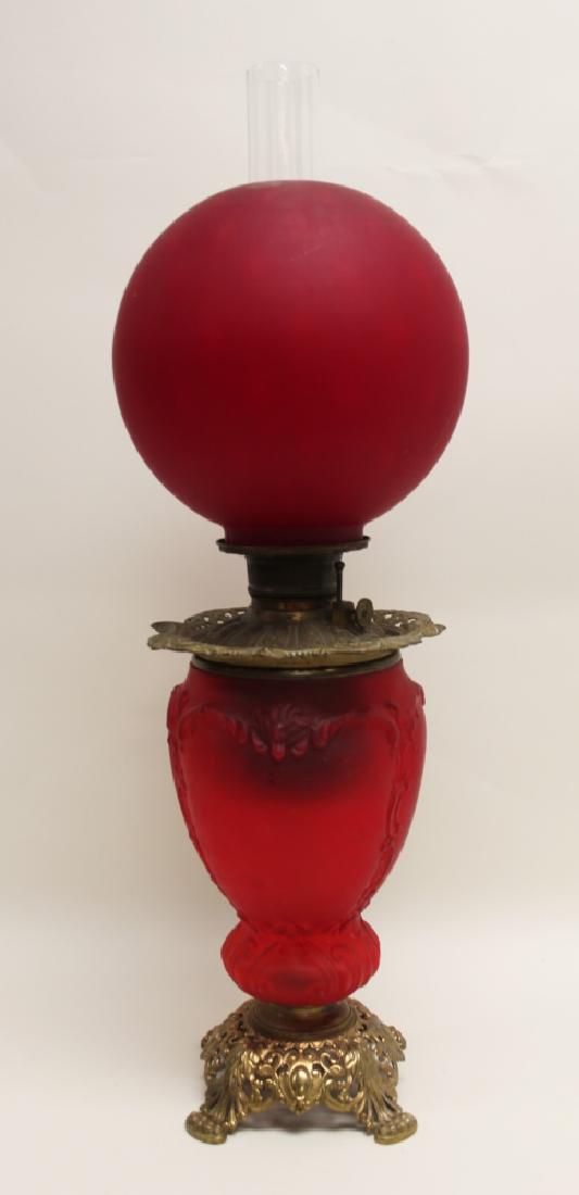 19C Victorian Parlor Red Satin Glass Oil Lamp (1 of 9)