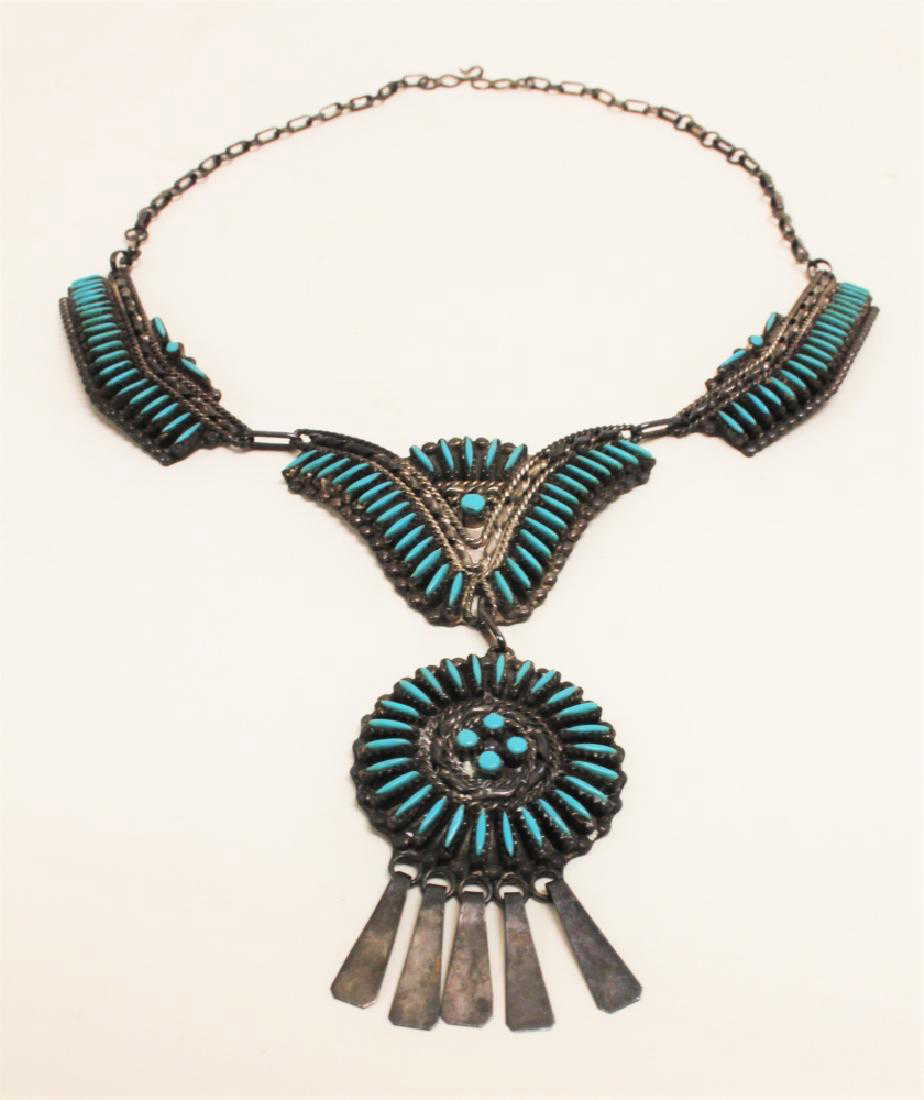 60s Zuni Sterling & Turquoise Needlepoint Necklace
