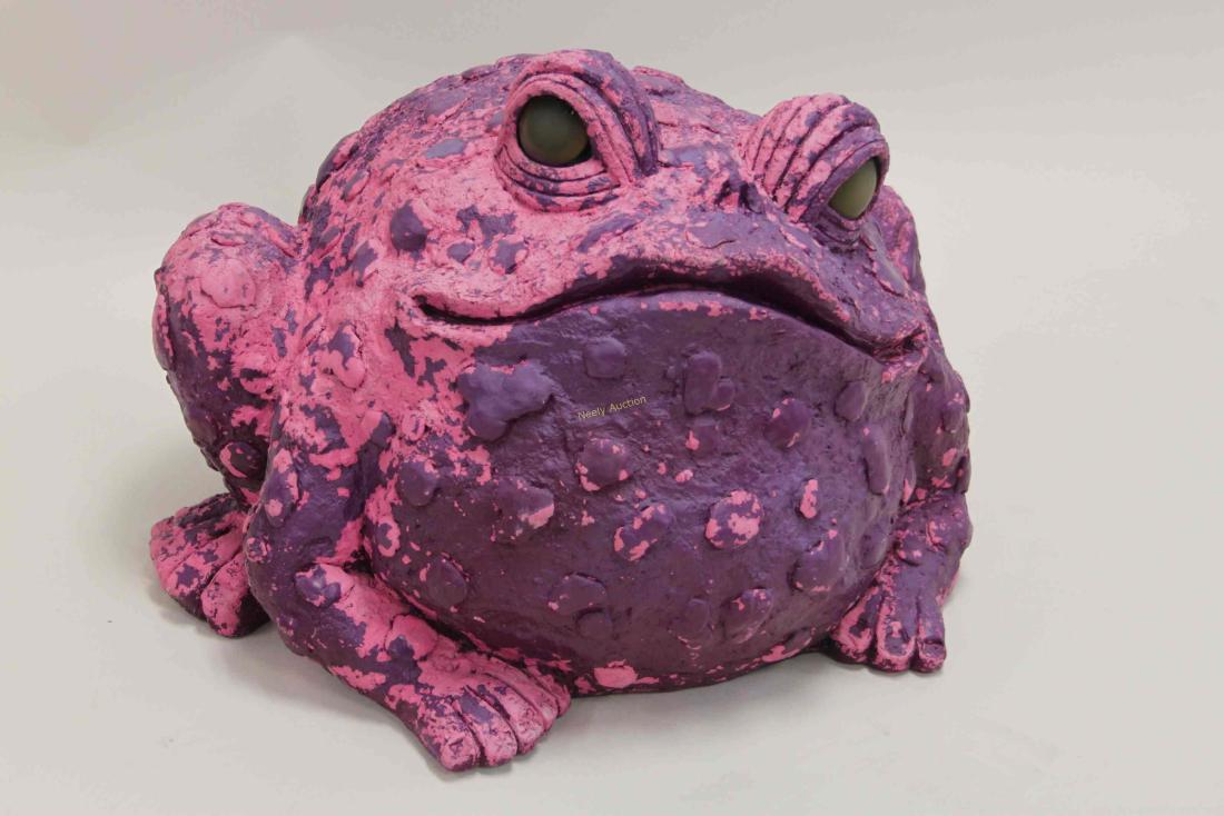 1970's Large Theatrical Yard Toad w Lucite Eyes: 1970's Large fiberglass toad. Theatrical prop or yard sculpture frog has Lucite eyes and florescent painted skin in shades of purple. Very good condition (loss to underside). Measures 22" x 22" x 14".