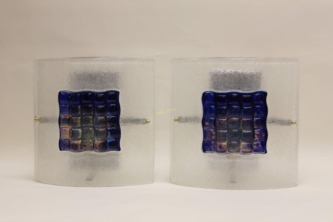 Pair Vintage Murano Glass Sconces w Blue Diffusers: Pair of Vintage Murano curved glass sconces with blue diffusers. Blue bubble form glass is flashed to a frosted clear glass backing some interior blue loss from high wattage bulb. Excellent condition.