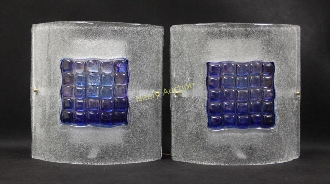 Pair Vintage Murano Glass Sconces w Blue Diffusers: Pair of Vintage Murano curved glass sconces with blue diffusers. Blue bubble form glass is fused to a frosted clear glass backing. Excellent condition. Measure 12.5" x 4" x 12.5", each.