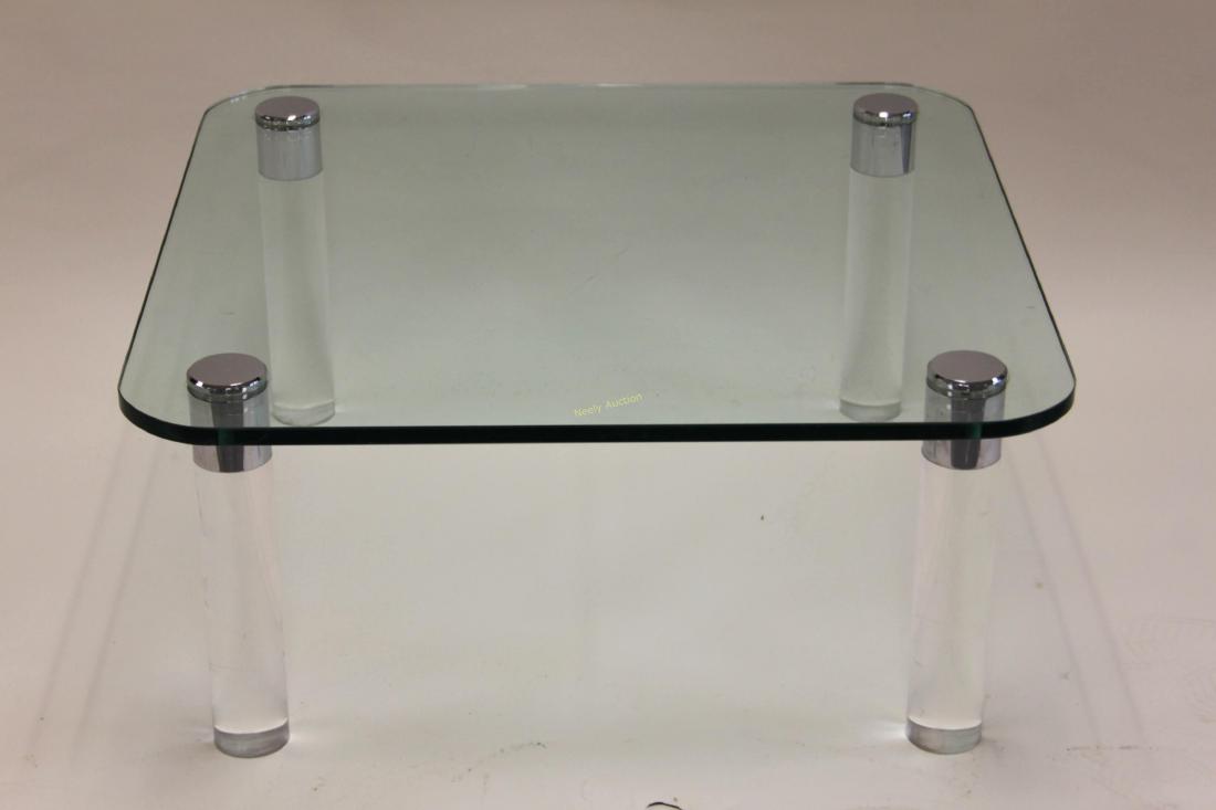 MCM Karl Springer Pace Chrome Lucite Coffee Table: Mid Century Modern Pace chrome fitted Lucite leg and glass top coffee table. Karl Springer style table with drilled glass top and chrome fixtures. Excellent condition. Measures 36" x 36" x 16".