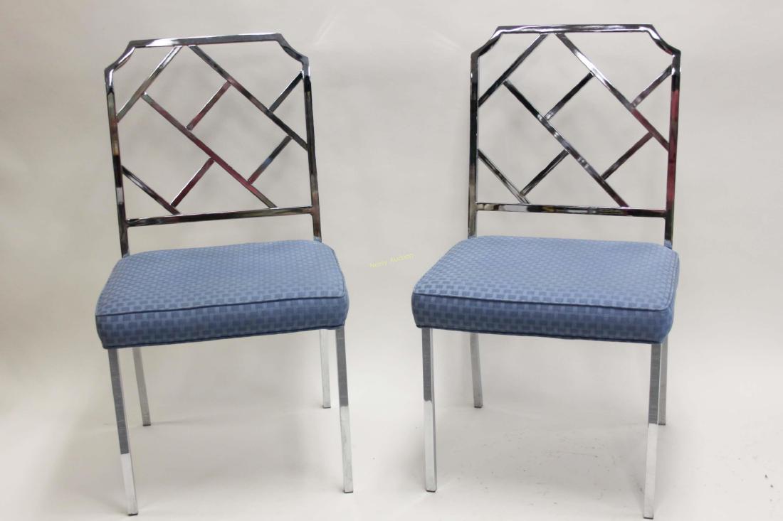 2 Milo Baughman Chrome Chinese Chippendale Chairs: (2) Milo Baughman chrome Chinese Chippendale dining chairs. Polished chrome / steel bamboo form dining chairs with upholstered seats. Excellent condition. Measure 20" x 20: x 38".