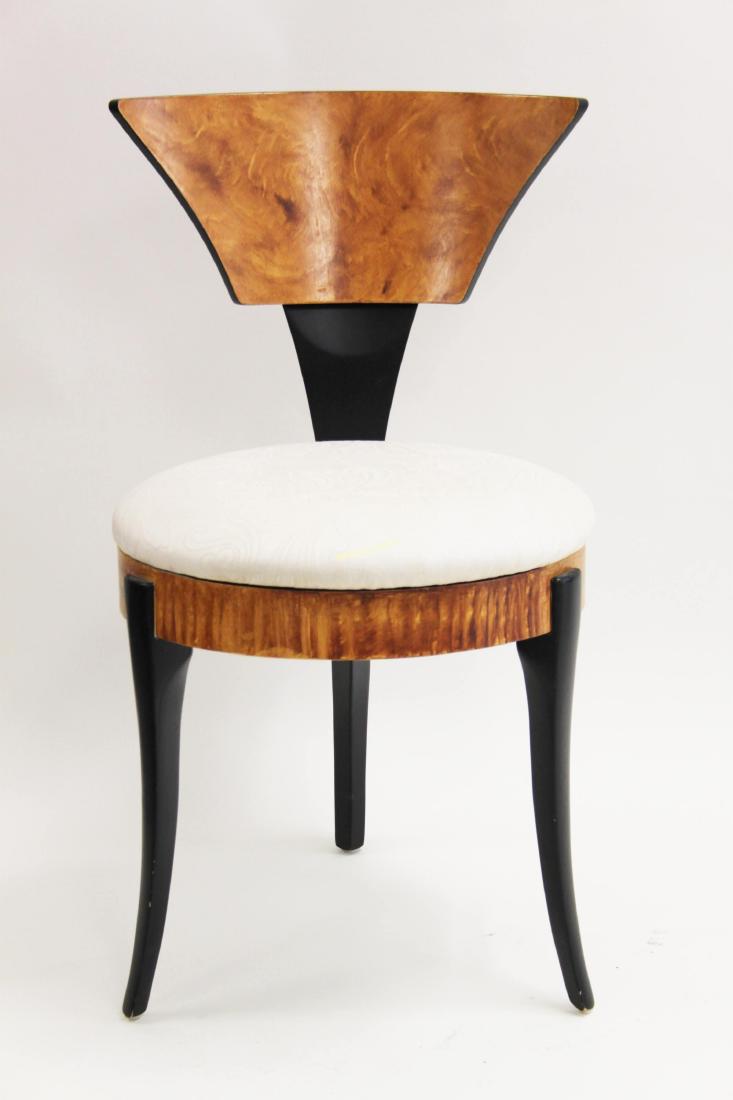 *MCM Italian Circular Burl Wood Vanity Chair: Mid Century Modern Italian design vanity chair. Three legs with bent wood, burl finish back and round upholstered seat.. Excellent condition, minor wear. Measures 17.5" x 21" x 32".