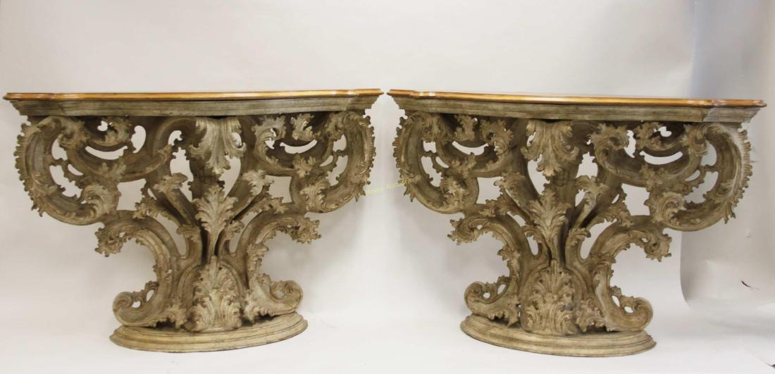 Pair Italian Rococo Acanthus Leaf Consol Tables