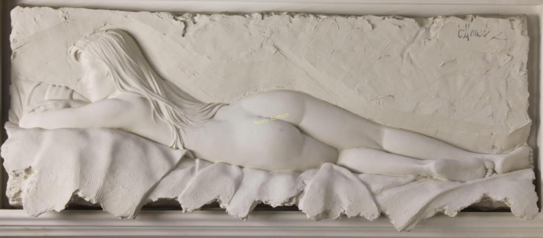 Bill Mack "Contemplation" Female Nude Sculpture: Large Bill Mack 3-dimensional bonded sand female nude wall sculpture titled, "Contemplation". Full scale reclining nude female figure is signed, upper right, "Bill Mack". Excellent condition. Measures