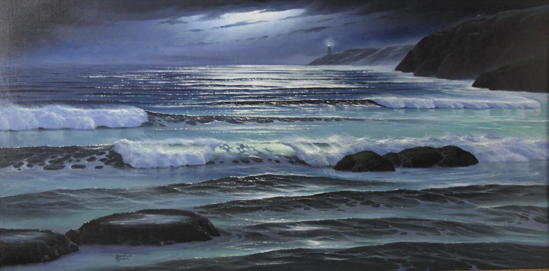 Maurice Meyer American, Moonlit Seascape Painting: Maurice Meyer (American, 1936-) oil on canvas painting of a moonlit seascape. Signed, lower left, "Mike Meyer". Art measures 48" x 24". Frame measures 57" x 33".