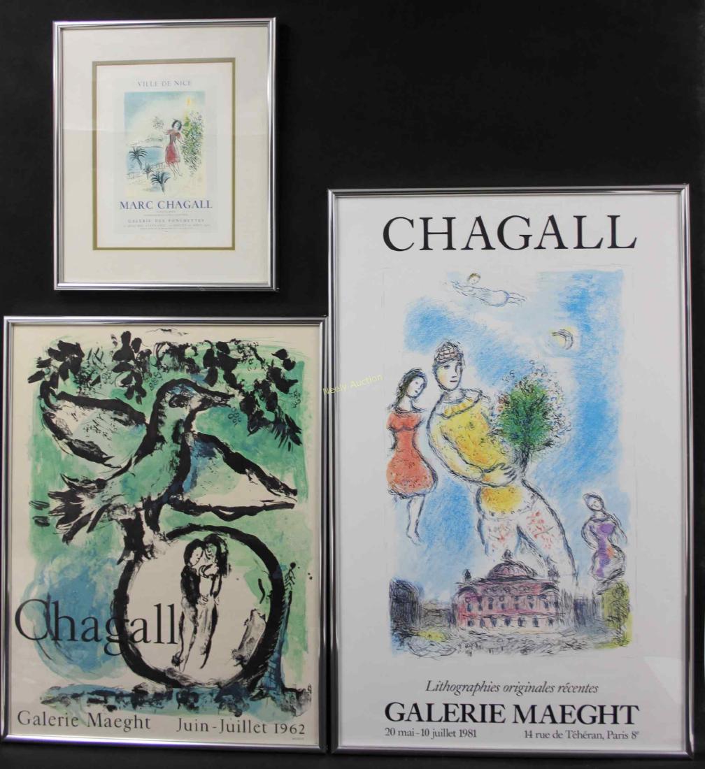 (3) Marc Chagall Exhibition Posters (1) Signed: (3) Marc Chagall Exhibition Posters include: (1) Poster for "Galerie Des Ponchettes" for the "Ville De Nice" exhibition, July 1970. Artist signed in felt tip pen (art measures 9" 12", frame measures 1