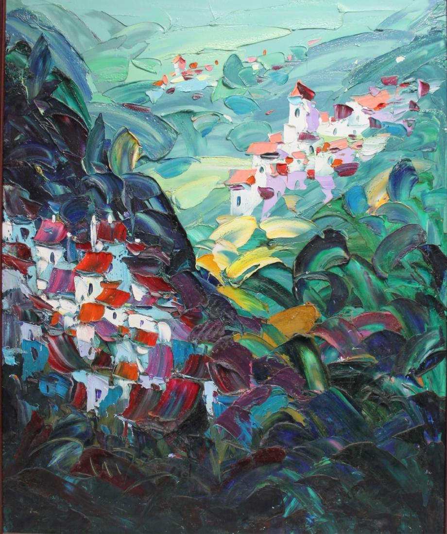 Manuel Munoz Ruiz Spanish Village Scenic Painting: Manuel Munoz Ruiz large palate knife oil painting on canvas depicting a village in a mountain valley. Signed en verso. Excellent condition. (minor loss upper right, needs cleaned, see photo). Art meas