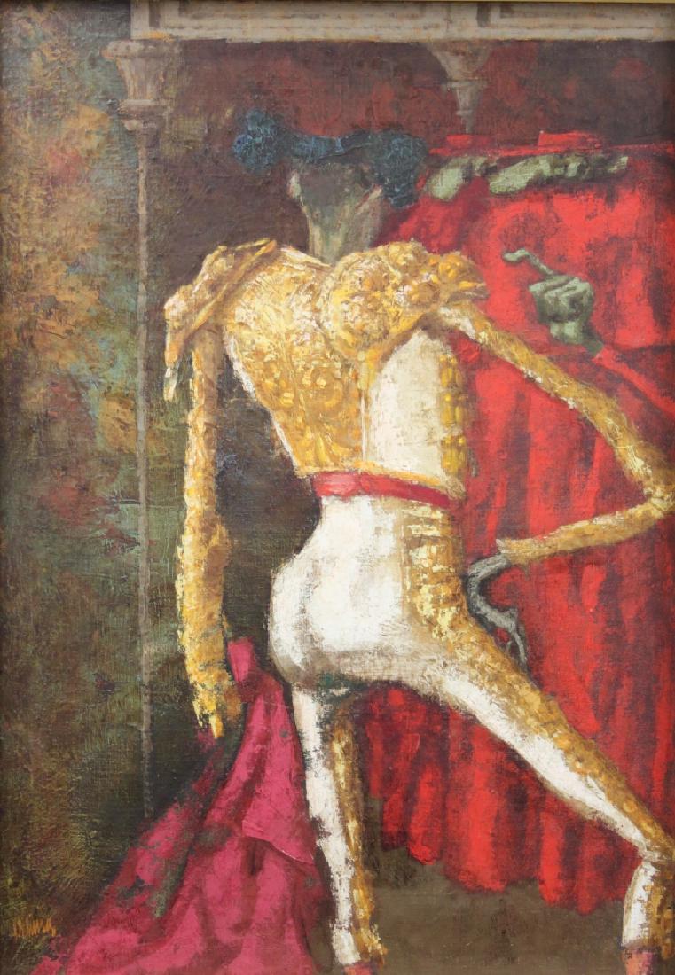 Fausto de Lima 1923-1994 Matador vs Cardinals: Fausto de Lima (Spanish, 1923-1994) 1960's oil painting on board, "Matador vs the Cardinals". Signed, "F. De LIma", lower left. De Lima was known for being a vocal critic of the Catholic Church. Excel