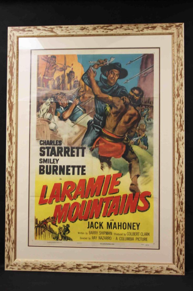 "Laramie Mountains" Original 1952 Movie Poster: "Laramie Mountains" original movie poster. Theater advertising billboard for a film starring Charles Starrett and Smiley Burnette, written by Barrie Shipman and directed by Ray Nazarro. Colombia Pictu