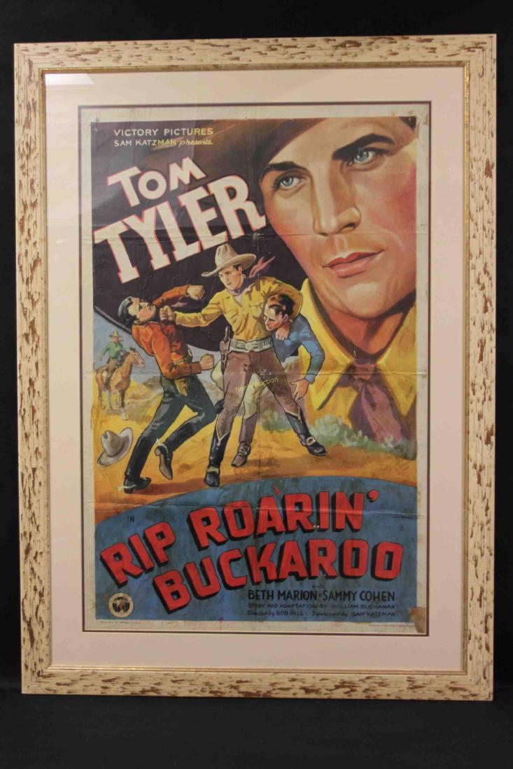 "Rip Roarin Buckaroo" 1940's Western Movie Poster: "Rip Roarin Buckaroo" original movie poster. Theater advertising billboard for a film starring Tom Tyler. Victory Pictures movie poster circa 1940's. Printed by Morgan Litho Corp. Cleveland, OH. Good 