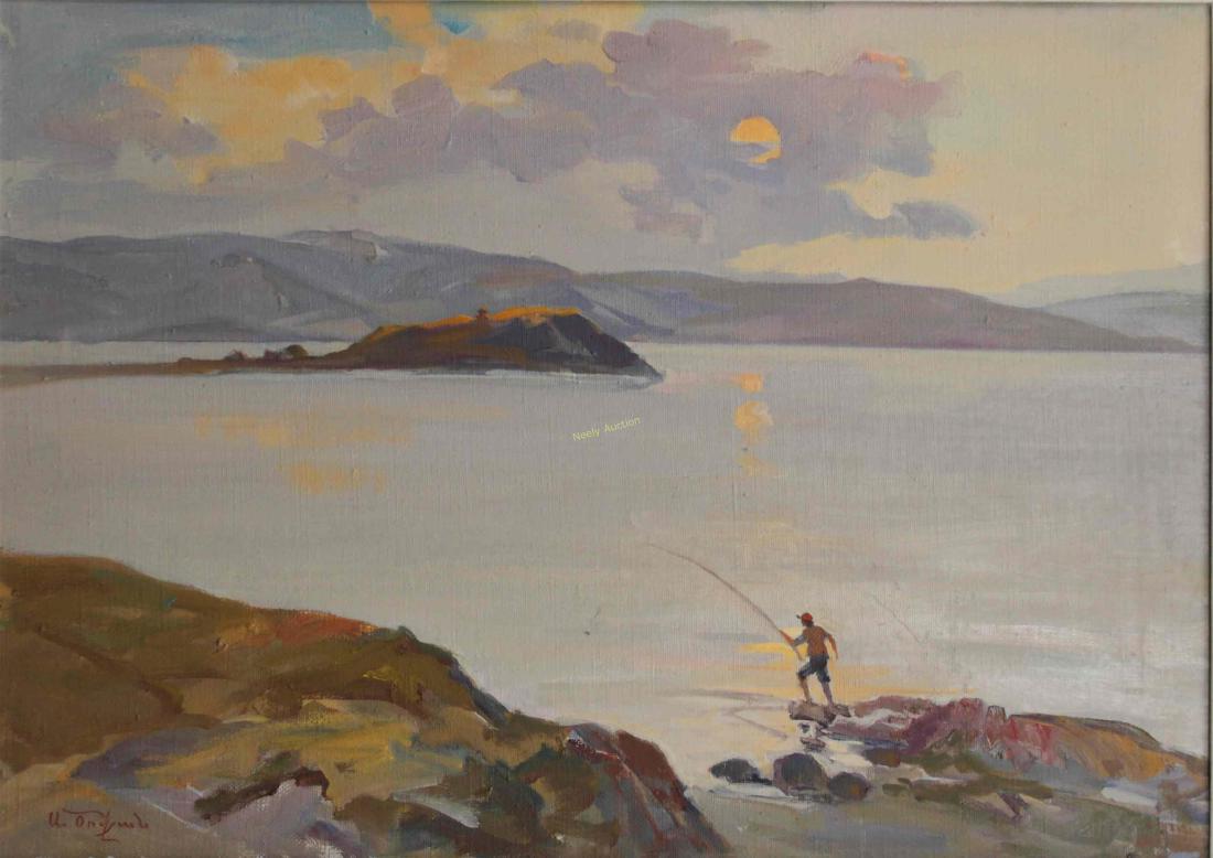 20c Tsovyan Albert Karapet 1930-1962 Armenian Painting: 20th Century armenian painter Tsovyan Albert Karapet 1930-1962 "Lake Sevan" impressionist oil painting on canvas depicting a lakeside fisherman. Signed, lower left and titled en verso. Excellent condi