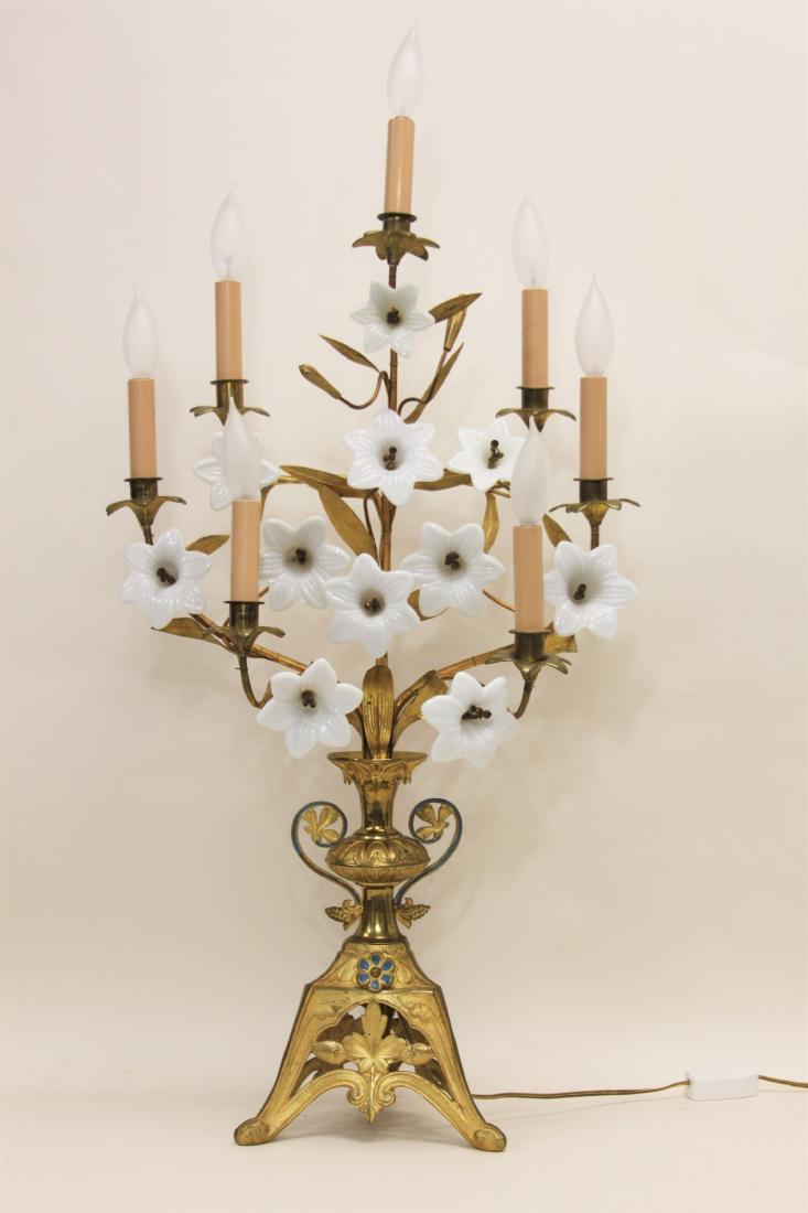 19c French Bronze Candelabra w Opaline Flowers: 19th Century French dore bronze 7 light candelabra with opaline glass lilies. Bronze footed base with Fleur de Lis details supports a lily plant form candelabra. Excellent condition. Measures 18" x 7"