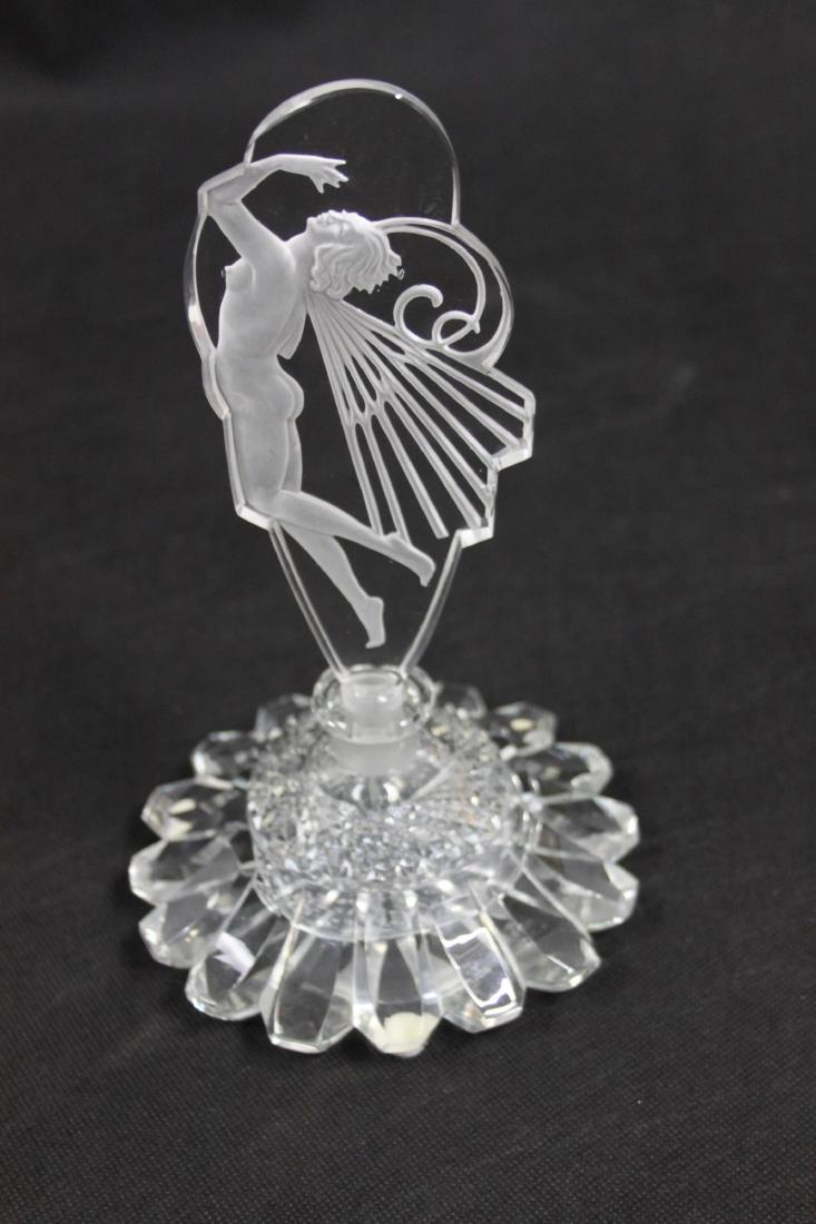 Czech Art Deco Perfume Bottle Nude Female w Wings: Czechoslovakian Art Deco perfume bottle. Clear cut crystal glass base has an figural, engraved stopper depicting a nude female wearing butterfly wings. Excellent condition / very good condition (chip 