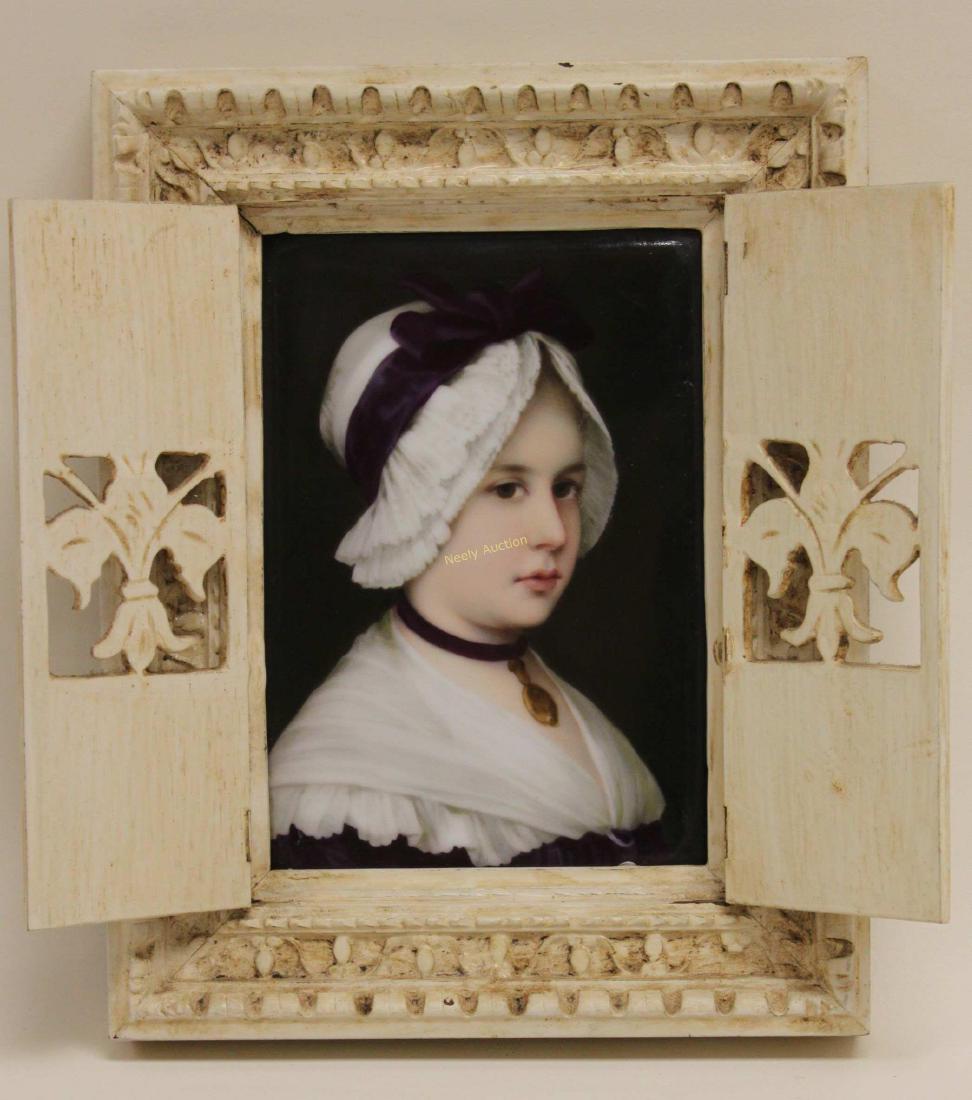 19c Dresden Porcelain Painted Plaque w Young Girl: 19th Century Dresden, possibly KPM hand painted porcelain plaque depicting a young girl. Rectangular plaque is mounted in a carved and shuttered frame. Excellent condition. Measures 6" x 7.75".