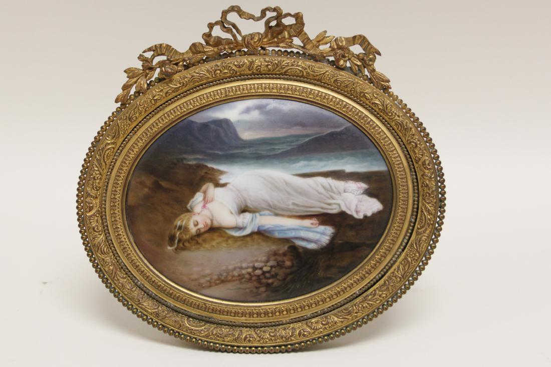 19c Dresden Porcelain Plaque w French Ormolu Frame: 19th Century Dresden porcelain plaque of a woman in repose mounted in a French ormolu frame. Marked in pencil en verso with impressed number 12. Excellent condition. Measures 7" x 6.5".