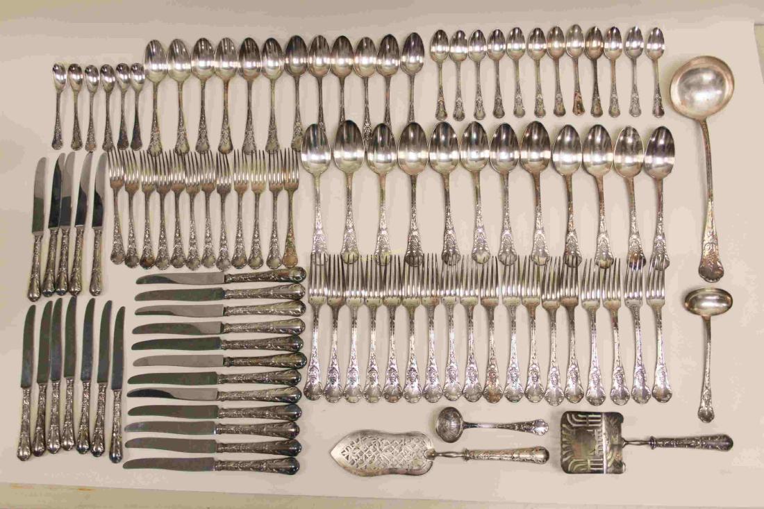101 Pc Christofle Dinner & Lunch Flatware w Grapes: (101) Piece French silver plate Christofle dinner and luncheon flatware service for 12, with serving pieces. Louis XV grape, leaf, and flower motif with an early Christofle mark. In excellent to very