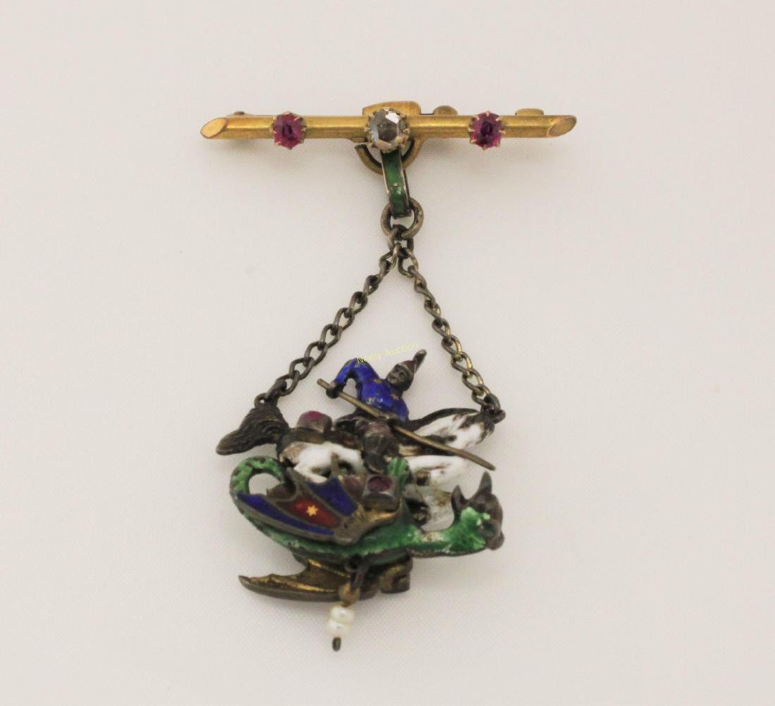Polychrome Enamel Pendant St George Slaying Dragon: Renaissance style pendant depiciting St George slaying the Dragon. Polychrome colored enamel on silver pendant with a gold filled brooch pin. Pin measures 1.25" x 1.5". ***All silver, gold and jewelry