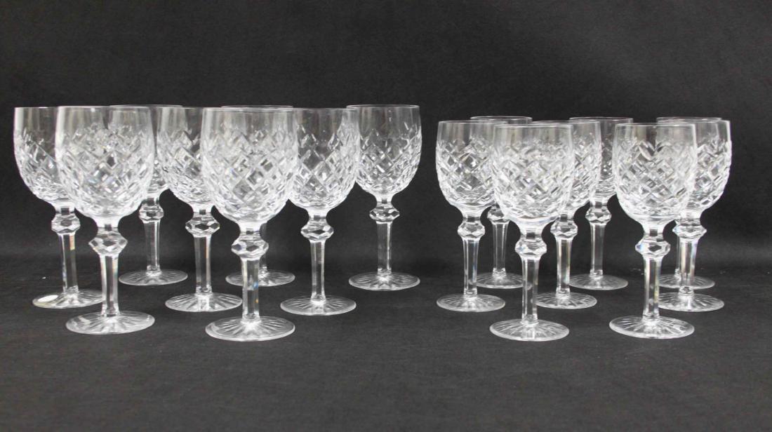 16 Waterford Powerscourt (8)Wine Glasses (8)Claret: (16) Pieces of Waterford "Powerscourt" pattern crystal wine goblets includes: (8) Wine glasses (measure 7 5/8" tall, each), and (8) Claret glasses (measure 7 1/8" tall,each). Excellent condition.