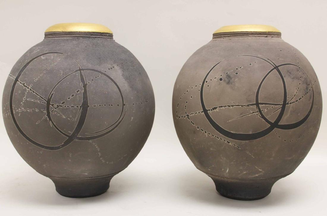 Pair Vintage Raku Studio Pottery Spherical Vases (1 of 9)
