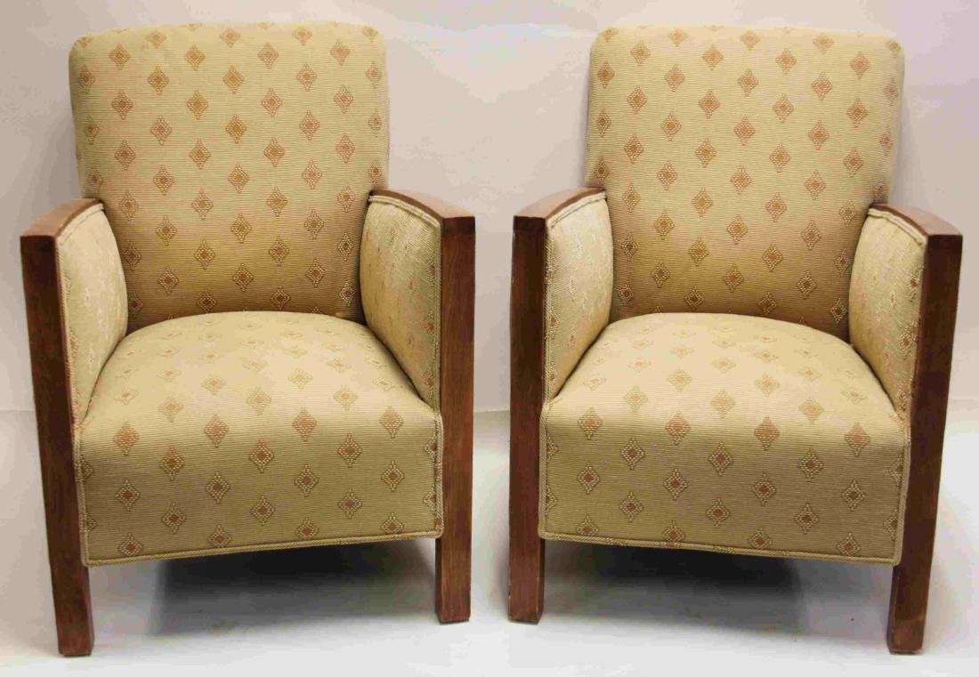 Pair Art Deco Upholstered Wood Arm Club Chairs (1 of 8)