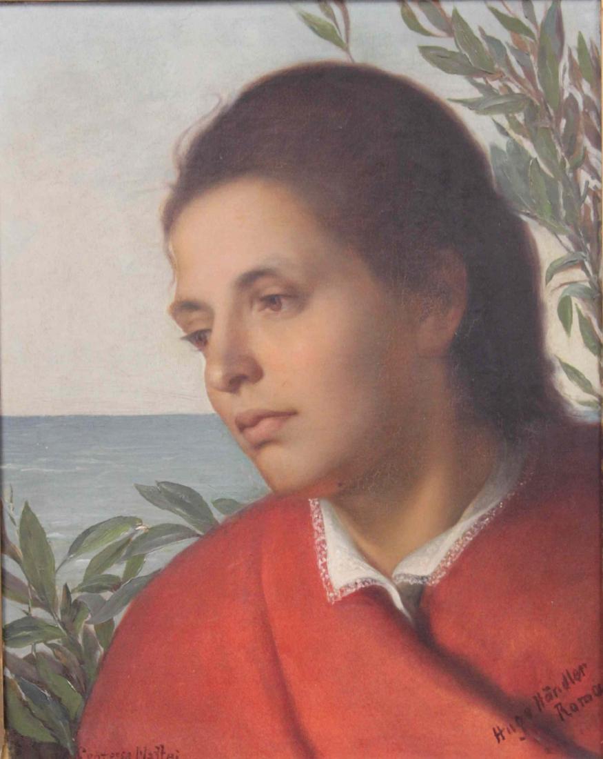 Hugo Handler (Germany, b1861) Portrait Young Woman: Hugo Handler (Germany, born 1861) 19th Century portrait painting of a young woman. Oil panting on wood panel titled, "Roma" with the name of the subject, "Contessa Maffie" inscribed lower left. Signed