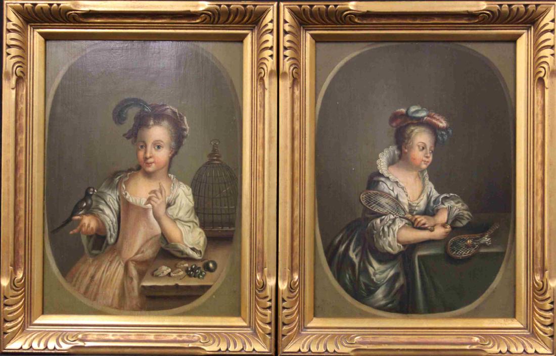 (2)19c Paintings Young Woman w Parrot & Badminton (1 of 6)