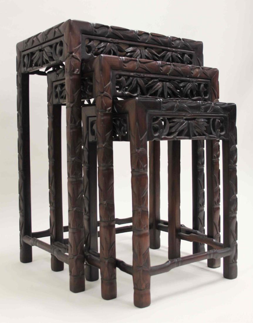 Chinese Hongmu Nest of Three Bamboo Carved Tables (1 of 7)