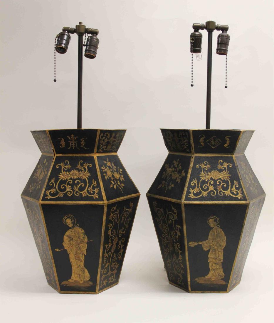 Pair Chinoiserie Tole Ware Lamps Woman Opium Pipe (1 of 7)