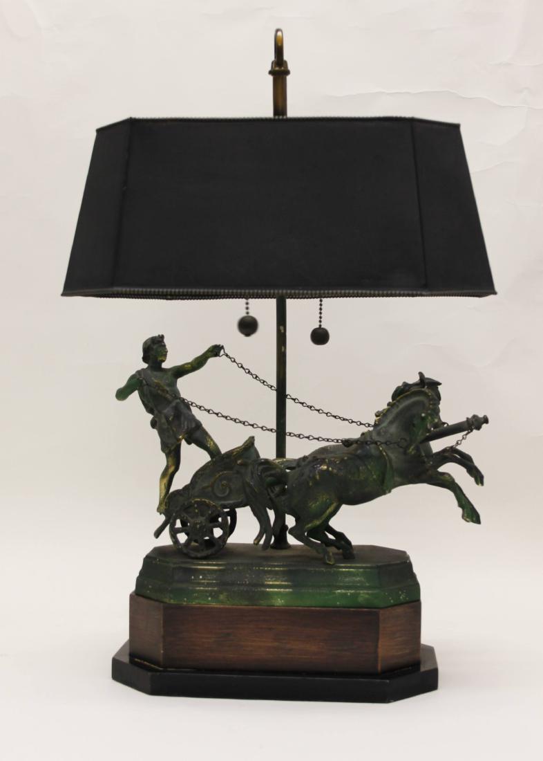 Brass Lamp w Roman Chariot & Tin Shade (1 of 7)