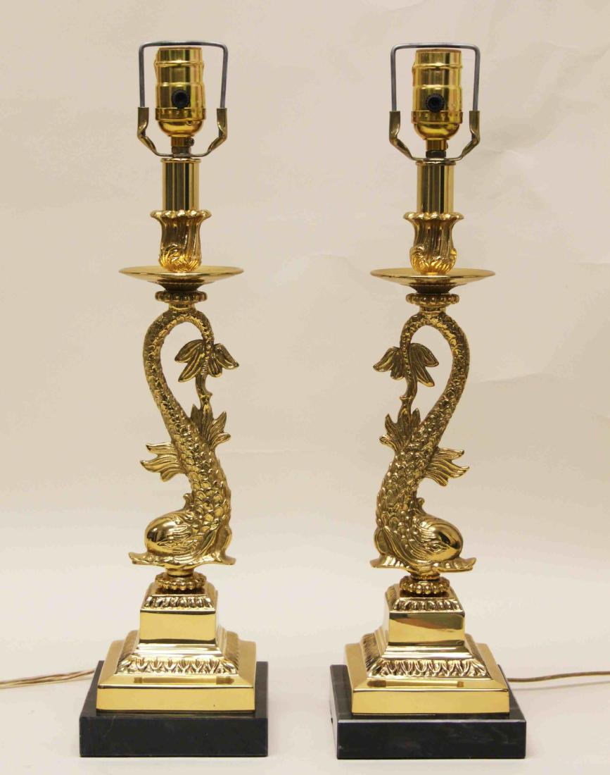 Pair Brass Roman Dolphin Candle Stick Lamps (1 of 5)
