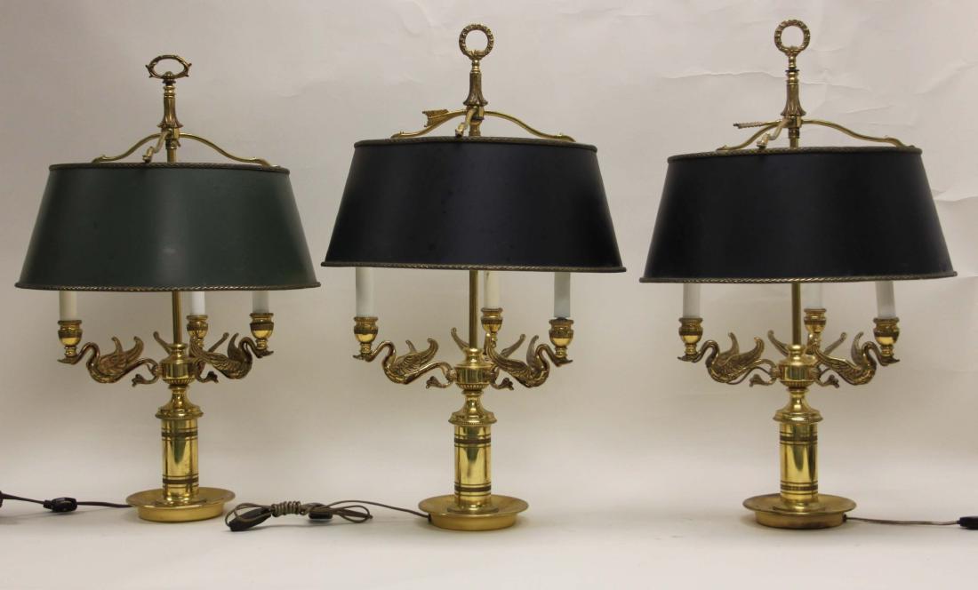 (3) Polished Brass Desk Lamps w Swans Tole Shades (1 of 6)