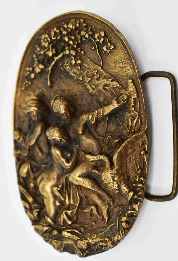 Barbedienne Foundry Venus Swan Bronze Belt Buckle: 19th Century Barbedienne Foundry bronze caviler belt or sword buckle. Cast relief of Venus, bathing nude with her maidens and an intrusive swan, aka "Zeus". Marked en verso. Excellent condition. Measu