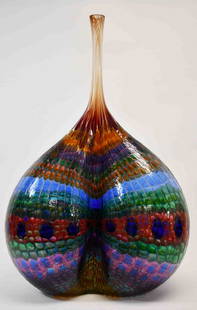 Stephen Powell Art Glass Licentious Stormy Cheeks: Stephen Powell (American, 1951-2019) blown art glass sculpture titled “Licentious Stormy Cheeks”. Large colorful reptilian blown art glass sculptural vase resembling a voluptuous pair of butt chee