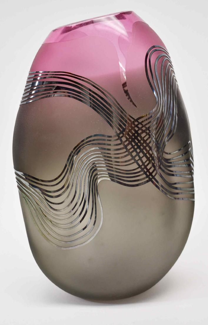 MCM Connie & Jim Grant Amorphous Art Glass Vase: Large MCM Connie and Jim Grant amorphous art glass vase. Sterling silver bands on an acid etched and polished graduated color glass vase. Signed "Grant 88" on under side of the vase. Excellent conditi