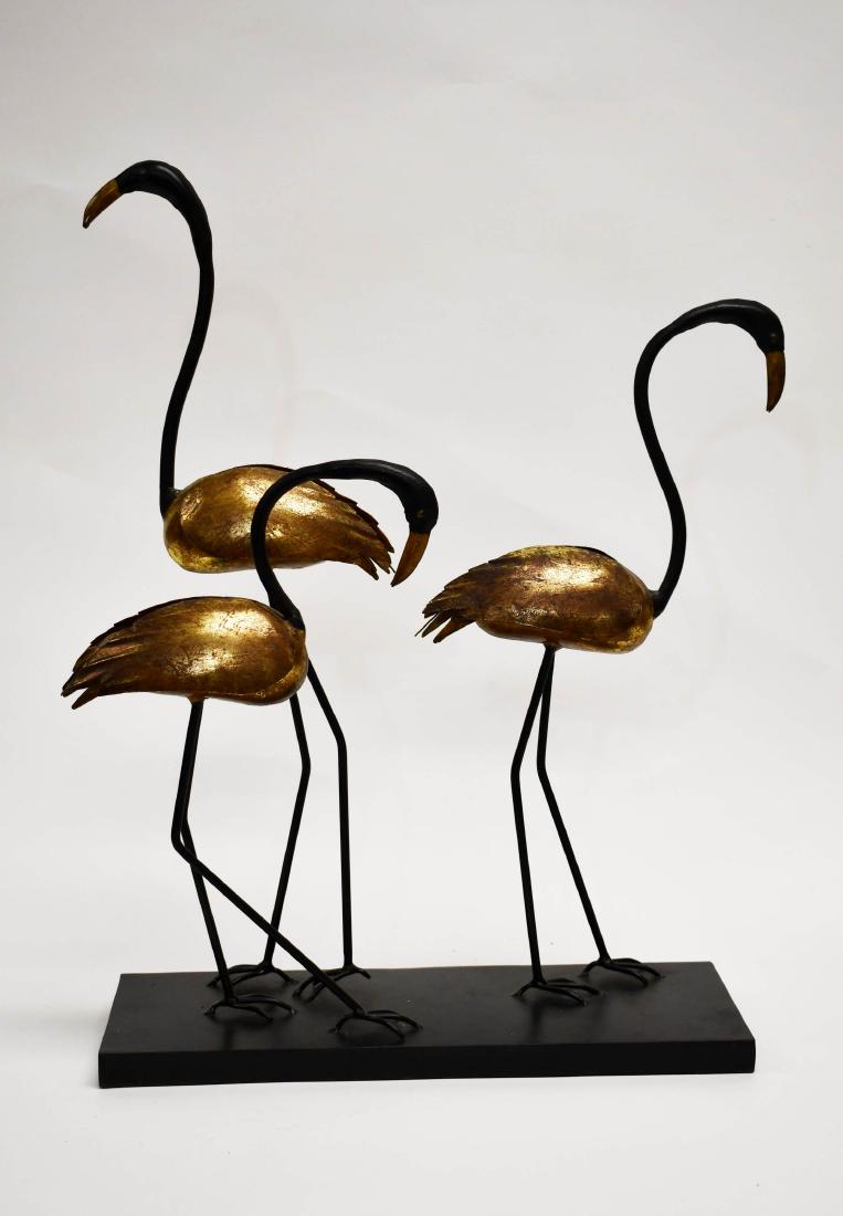 Metal Jere style Sculpture w Three Flamingos: Metal Jere style sculpture with three flamingos. Excellent condition. Measures 19" x 7" x 22".