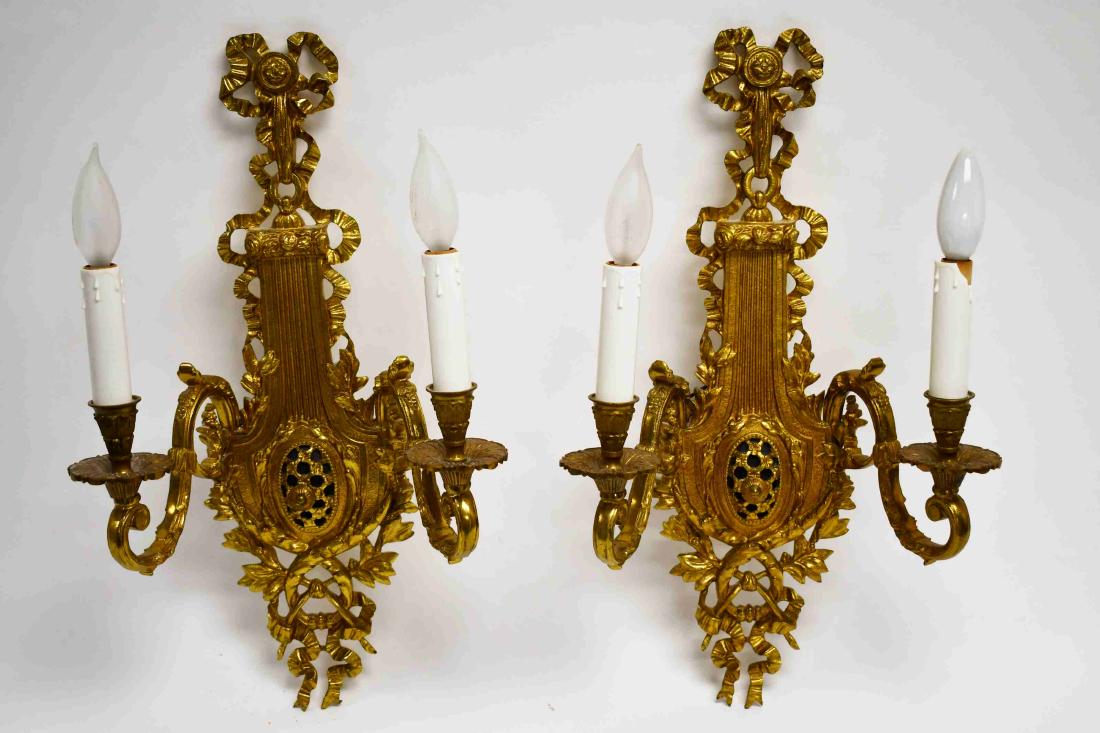 Pair Louis XV Gilt Brass Ribbon & Harp Sconces (1 of 4)