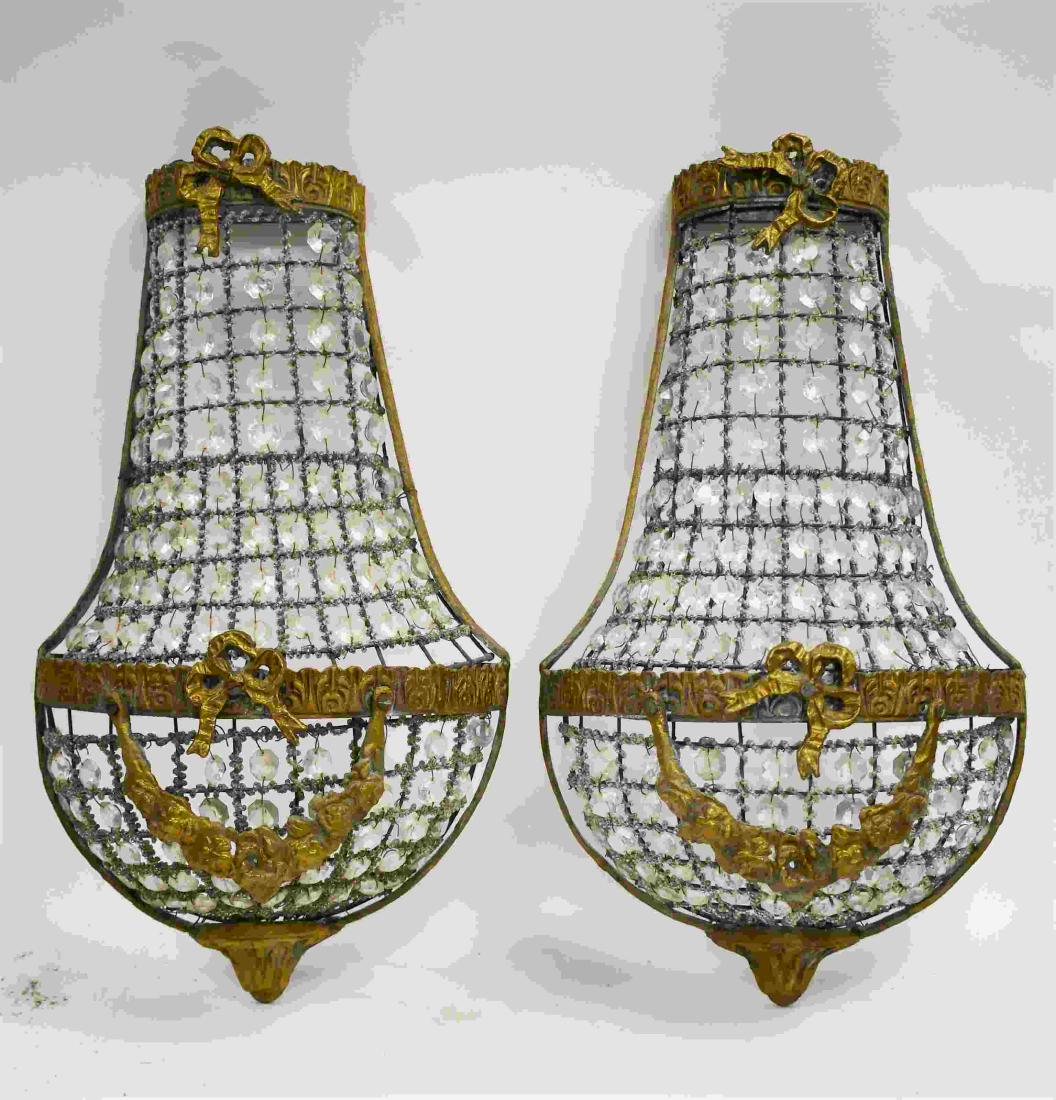 Pair Regency Domed Brass & Beaded Crystal Lusters (1 of 7)