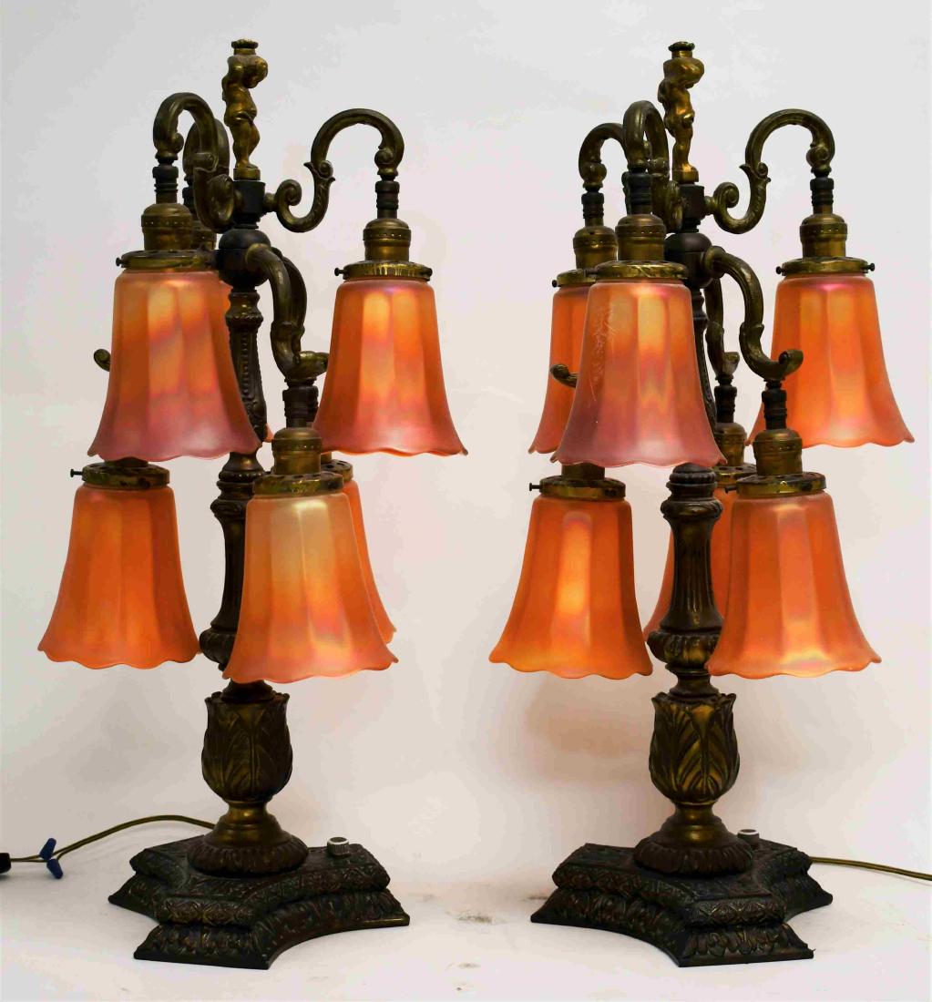 Pr Victorian Iridescent Glass & Bronze Lily Lamps (1 of 4)