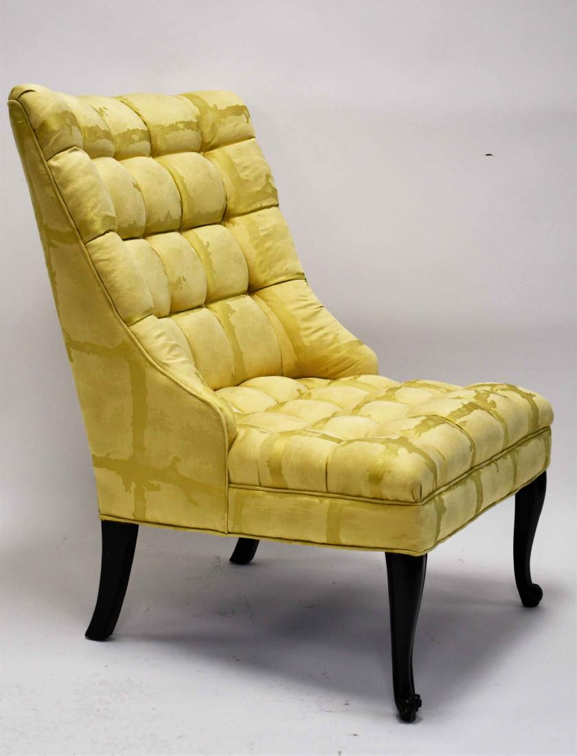 Slipper Chair with Silk Brocade Fabric: Slipper Chair with silk fabric. Excellent condition. Measures 27" x 30" x 34"