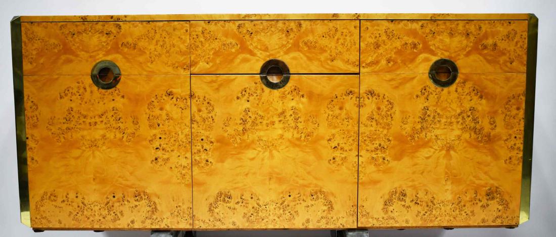 Milo Baughman for Thayer Coggin Credenza Sideboard: Milo Baughman for Thayer Coggin credenza sideboard. Burl maple and brass finishes. Excellent condition, (back has cutouts for electronics). Measures 70" x 19" x 30".