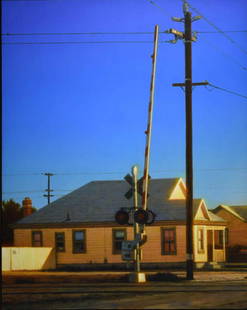 William Glen Crooks (American b1952) Oil Painting: William Glen Crooks (American b1952) California artist. Americana realist large oil painting on canvas titled "Walters House by the Tracks". signed by the artist titled en verso. Californian