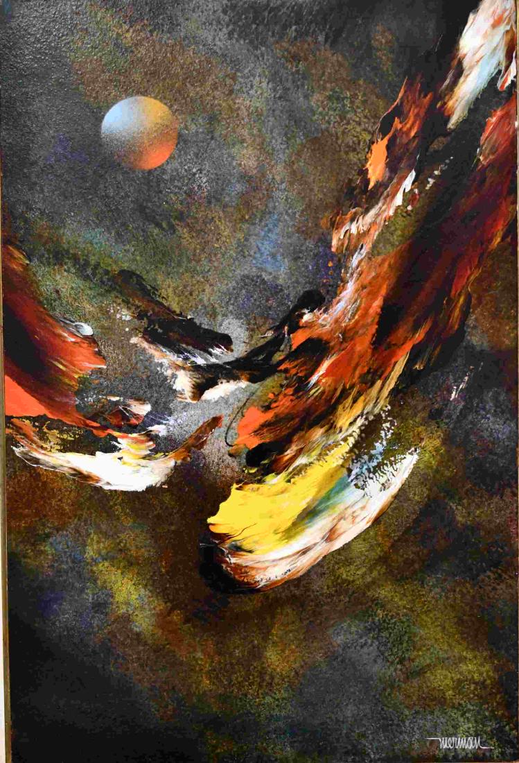 Leonardo Nierman (Mexican b1932) "Autumn Wind": Leonardo Nierman (Mexican b1932) oil painting on masonite titled "Autumn Wind". Signed "Nierman" lower right purchased from the artist in Mexico City. Excellent condition. Art measures 16" x 23.5". Fr