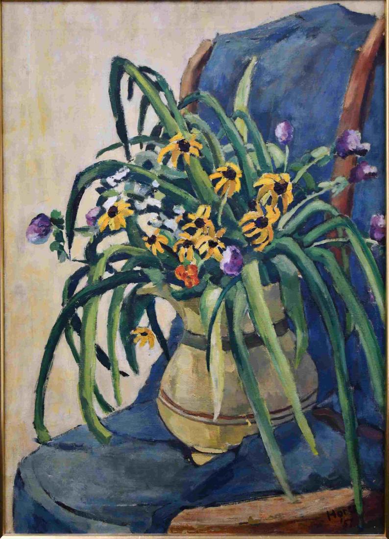 Sue Hodes Floral Still Life Oil on Canvas cir 1957: Sue Hodes Floral Still Life Oil on Canvas dated 1957. Measures 21" x 29".