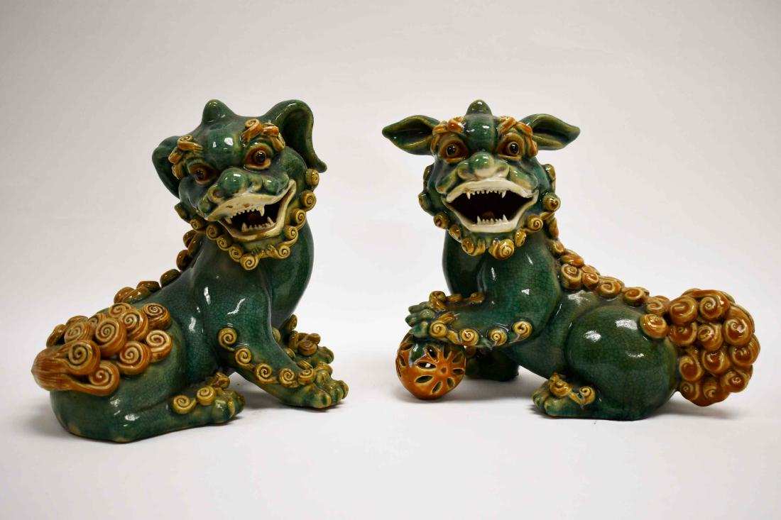 Pair Chinese Pottery Male & Female Shishi Lions (1 of 7)
